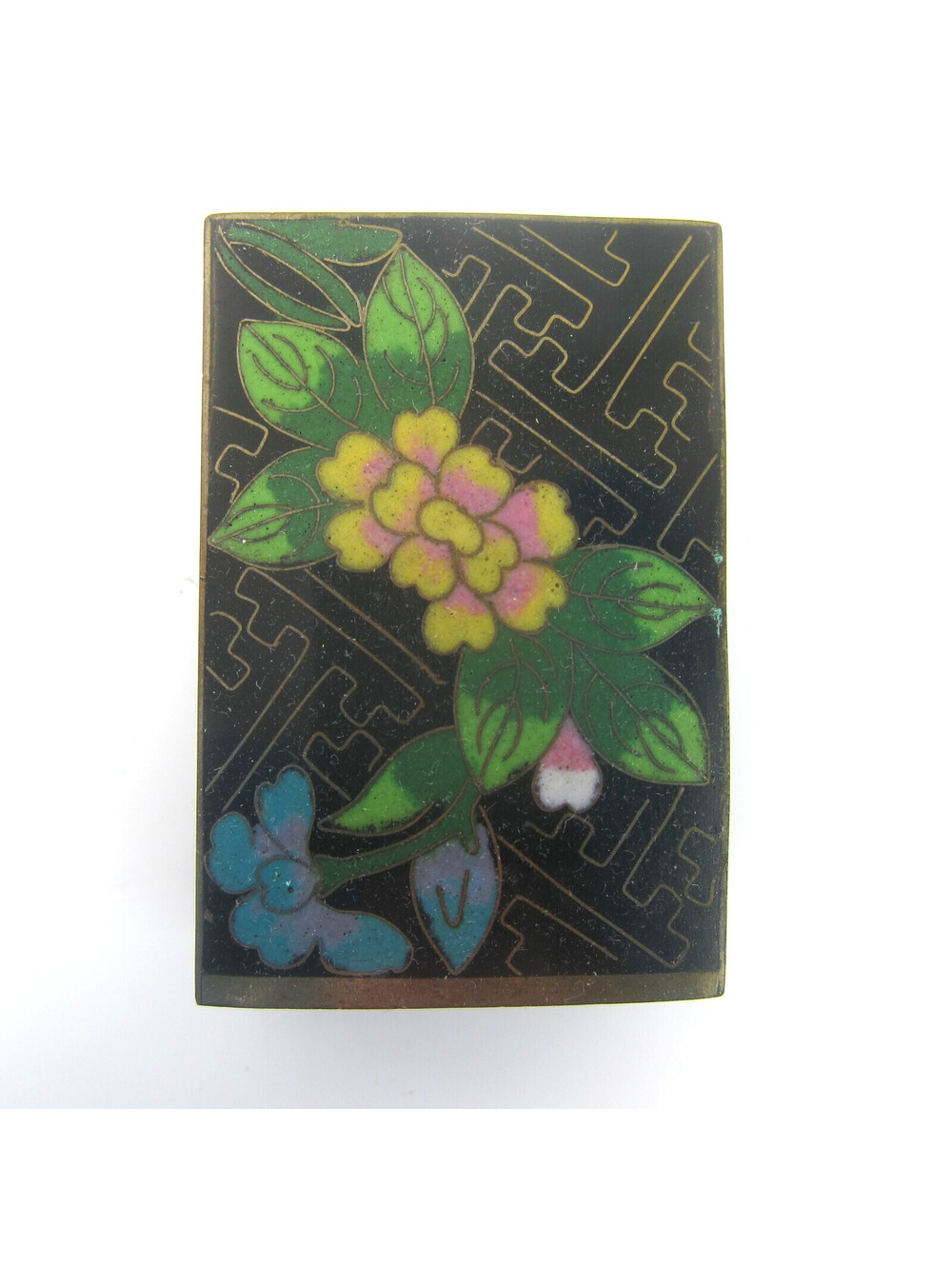 Antique Chinese Cloisonne Match Box Holder Flowers Yellow Pink Blue Green Black